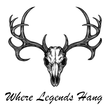 A deer skull with large antlers above the words "Where Legends Hang" in cursive script.