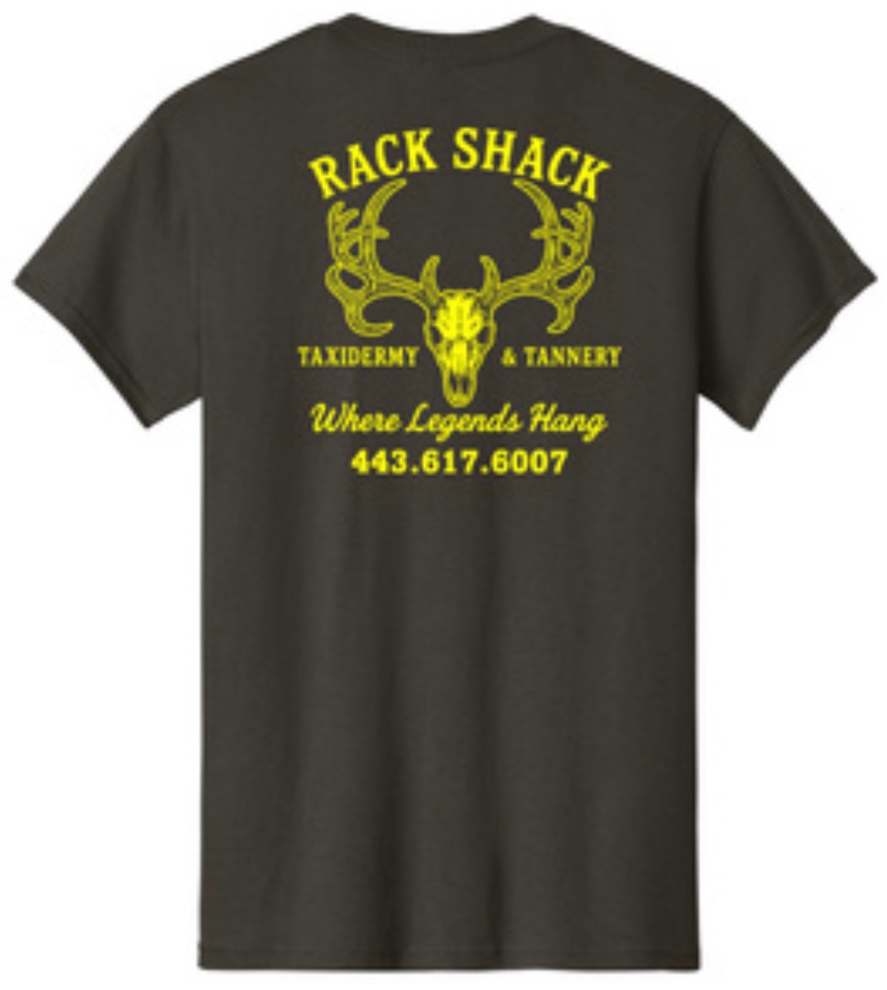 Black t-shirt with yellow "Rack Shack" logo, deer antlers, skull, and contact info on the back.
