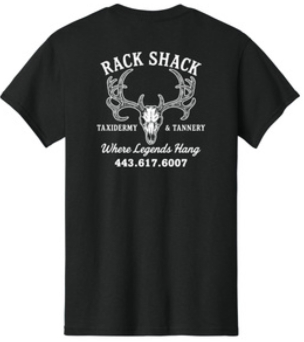 Black T-shirt with Rack Shack logo, deer skull with antlers, and contact info for a taxidermy business.
