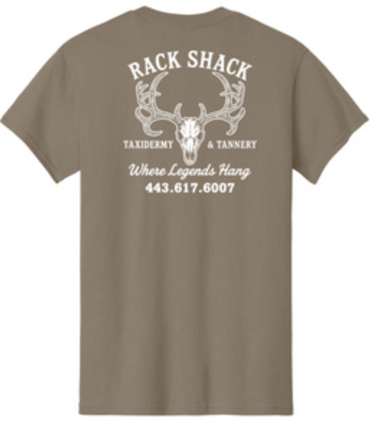 Khaki t-shirt with a deer skull, antlers, and Rack Shack taxidermy logo plus contact info on the back.