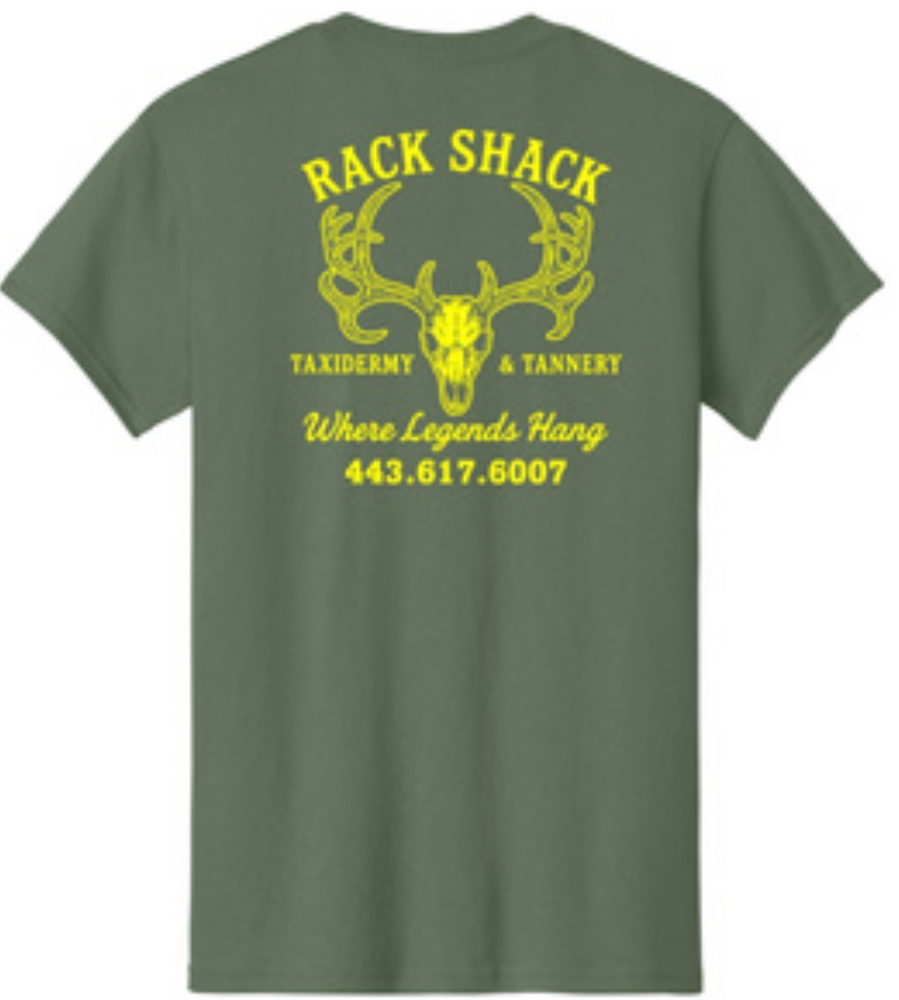 Green t-shirt with yellow text and deer antlers logo for Rack Shack Taxidermy & Tannery, plus phone number.