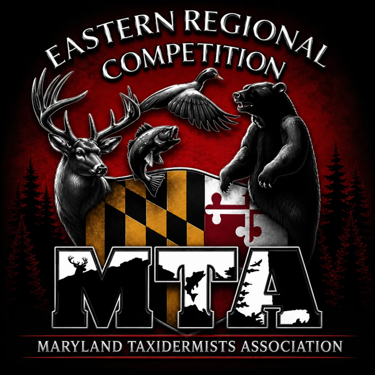 Maryland Taxidermists Association logo with animals, Maryland flag, and “Eastern Regional Competition” text.
