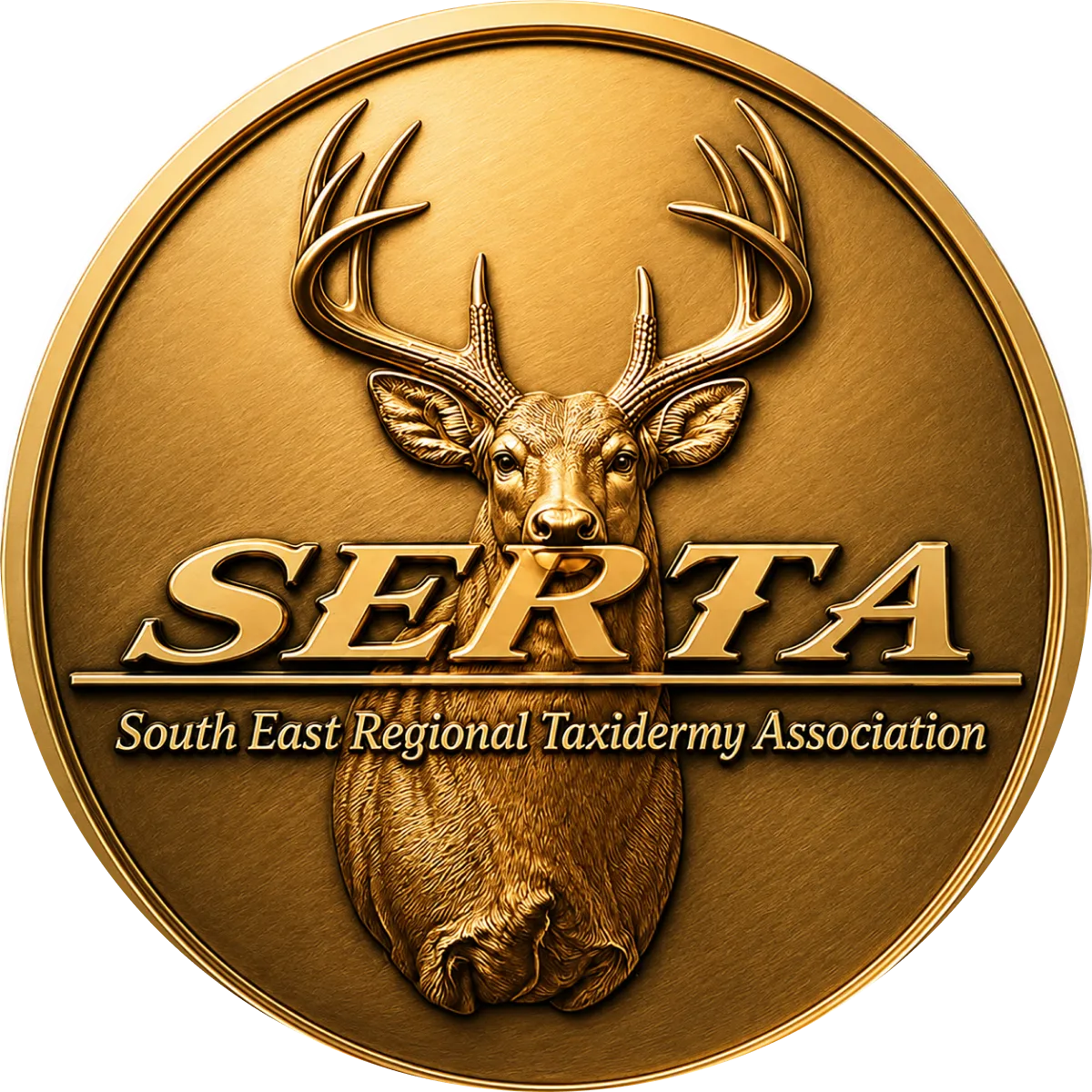 Gold medal with a deer head and antlers, text reads “SERTA South East Regional Taxidermy Association.”.